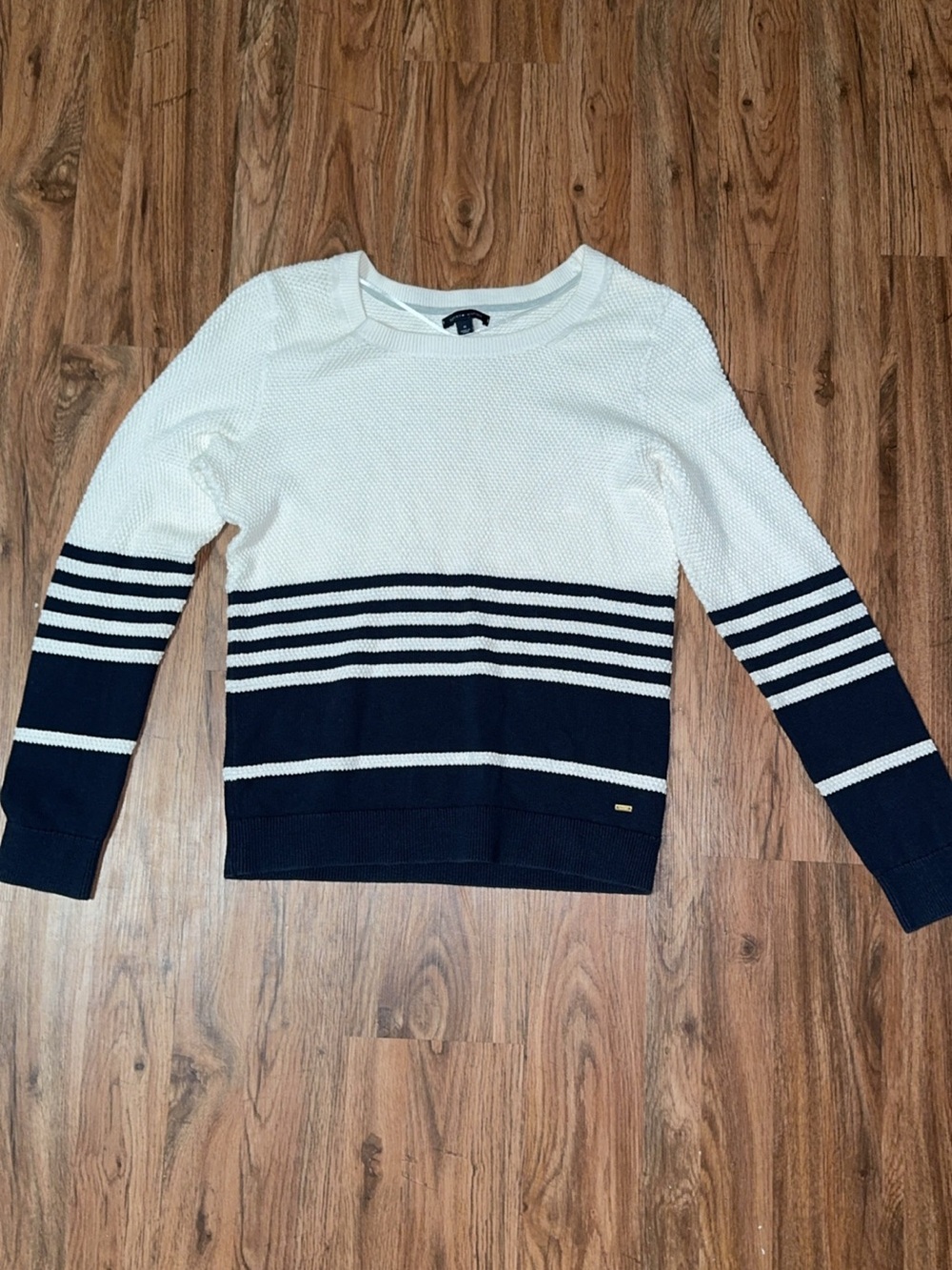 Tommy Hilfiger Cream and Navy Striped Crewneck Sweater